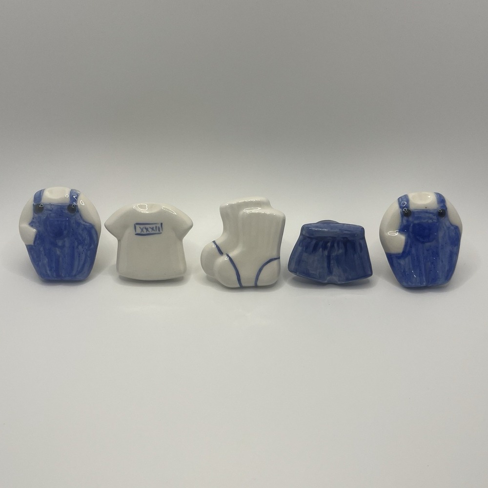 Set of 5 Vintage Delft Blue & White Ceramic Knobs Baby/Little Boy Cloths Socks